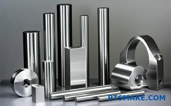 مكونات مصبوبة مختلفة من الفولاذ المقاوم للصدأ تعرض درجات مختلفة من الفولاذ المقاوم للصدأ وتشطيبات سطحية مختلفة على طاولة العمل الصناعية