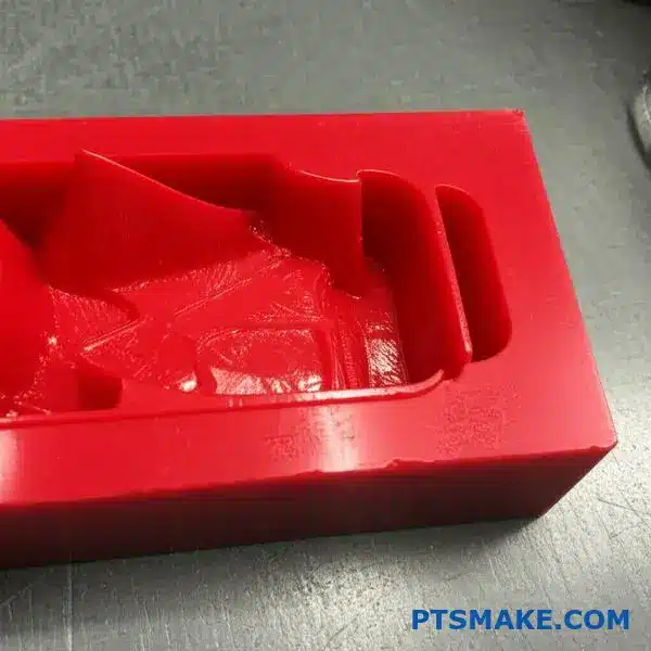 منظر تفصيلي لنمط الشمع الأحمر يوضح العيوب السطحية المستخدمة في عملية الصب الاستثماري الدقيق لمكونات الفولاذ المقاوم للصدأ