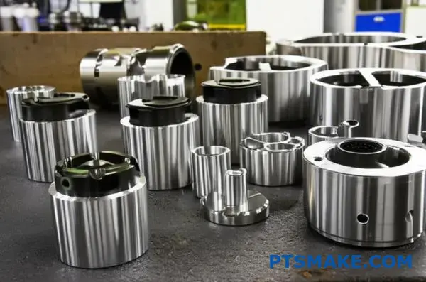 مكونات استثمارية من الفولاذ المقاوم للصدأ المصبوب بالاستثمار تعرض مراحل تشطيب مختلفة بما في ذلك الصب الخشن والأسطح المشغولة آلياً بدقة