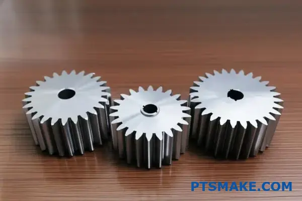 ثلاثة تروس معدنية دقيقة على طاولة خشبية تمثل مقايضات الصب الاستثماري بين عوامل سرعة الجودة والتكلفة