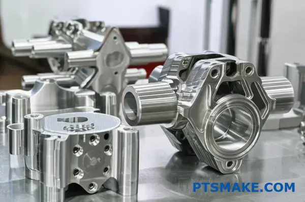 أجزاء مصبوبة استثمارية عالية الجودة من الفولاذ المقاوم للصدأ تعرض دقة التصنيع والتشطيبات السطحية الملساء على طاولة الورشة