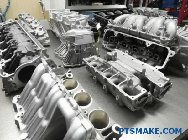 مكونات مختلفة للسيارات المصبوبة من الألومنيوم تعرض طرق صب مختلفة وتشطيبات سطحية مختلفة على طاولة الورشة