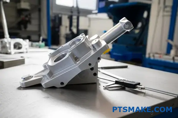 جزء مصبوب دقيق من الألومنيوم يخضع لفحص دقة الأبعاد باستخدام أدوات القياس على طاولة العمل الصناعية