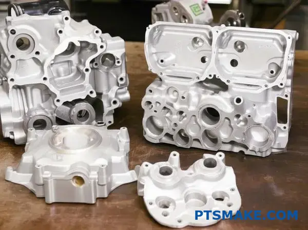 قطع السيارات المصنوعة بدقة من الألومنيوم المشغولة آليًا من الألومنيوم والتي تعرض عمليات التشطيب بعد الصب والمعالجات السطحية على طاولة الورشة