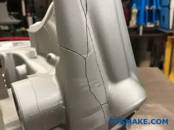 منظر عن قرب لقالب ألومنيوم مكسور يظهر أنماط التشققات لتحليل الفشل