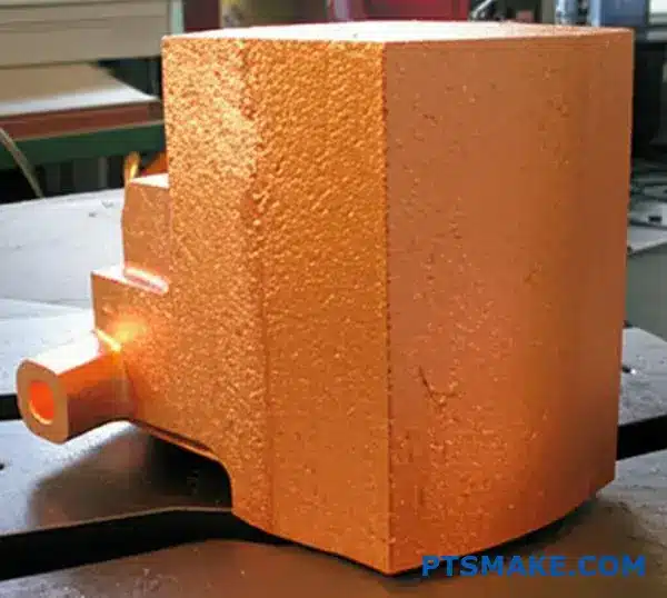 منظر عن قرب لصب النحاس الخام يُظهر نسيج السطح الطبيعي وتفاصيل التصنيع قبل عمليات التشطيب