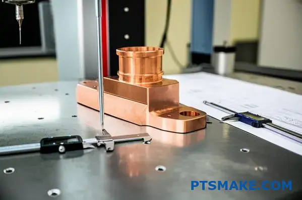 فحص مراقبة الجودة لصب النحاس الدقيق باستخدام أدوات القياس والرسومات الهندسية على طاولة المختبر
