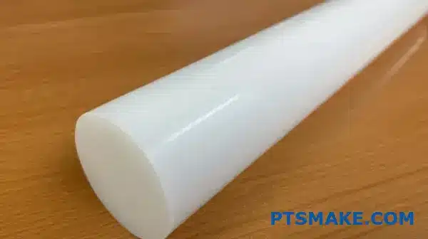 Close-up of white ultra-high molecular weight polyethylene rod showing smooth surface texture on wooden table