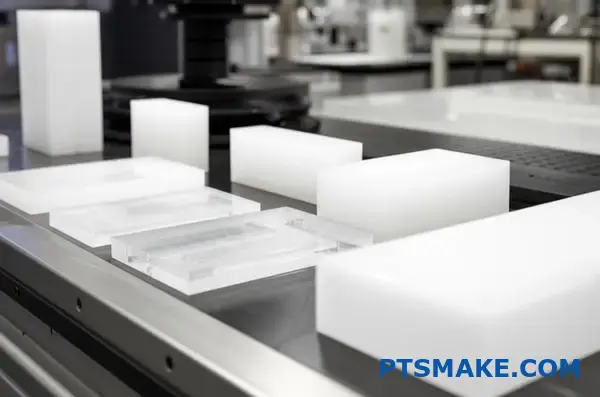 Different grades of ultra-high molecular weight polyethylene materials displaying varying densities and structural properties on testing surface