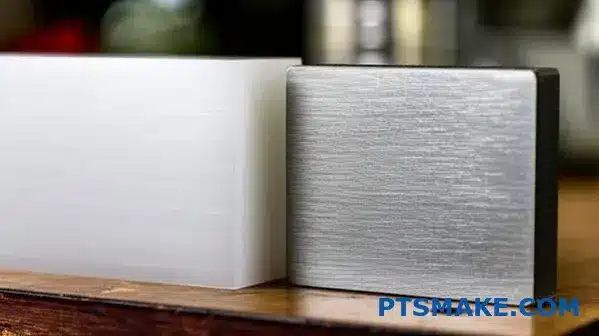 Ultra-high molecular weight polyethylene block compared with steel showing superior wear resistance properties