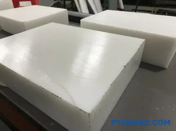 White ultra-high molecular weight polyethylene parts showing surface scratches and wear damage on workshop table