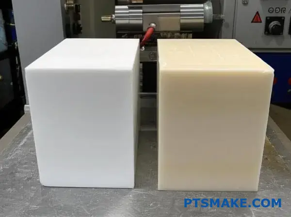 Comparison of virgin and reprocessed ultra-high molecular weight polyethylene material blocks showing quality differences