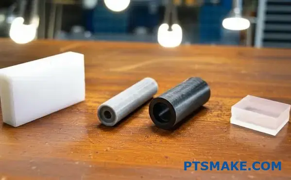 Comparison of UHMWPE material samples with nylon, acetal, and PTFE plastic components on workshop table