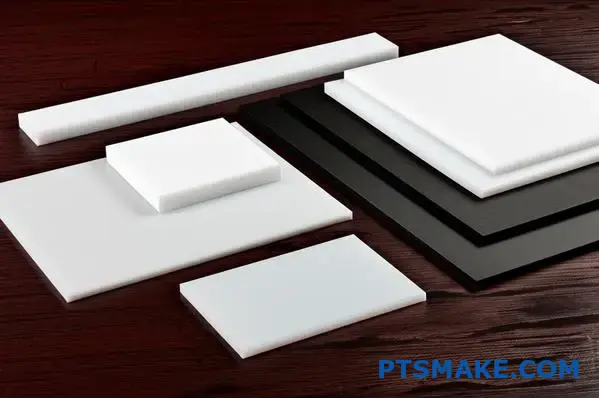 Various UHMWPE plastic sheets and blocks displaying different ultra-high molecular weight polyethylene material grades