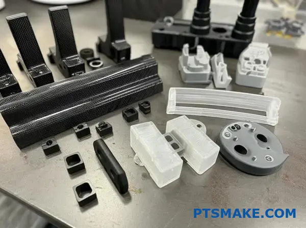 High-performance composite plastic components with glass and carbon fiber reinforcement showing enhanced material properties