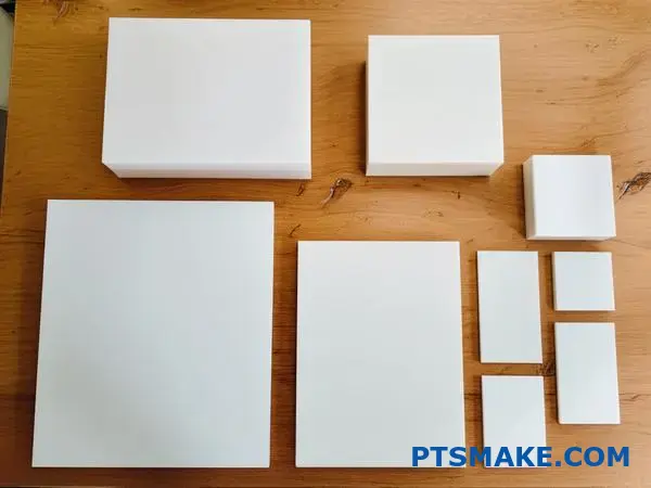 Different grades of ultra-high molecular weight polyethylene materials arranged for comparison showing various molecular weight categories