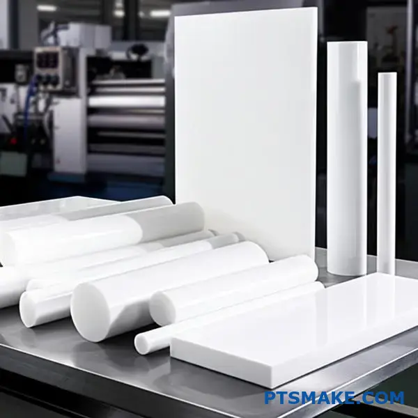 Ultra-high molecular weight polyethylene sheets, rods and tubes displayed for industrial machining applications