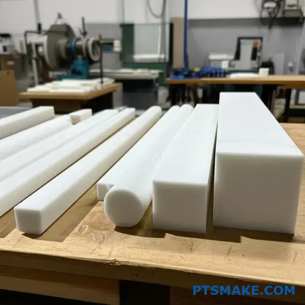 White ultra-high molecular weight polyethylene rods and blocks showing different manufacturing methods for UHMWPE material stock shapes