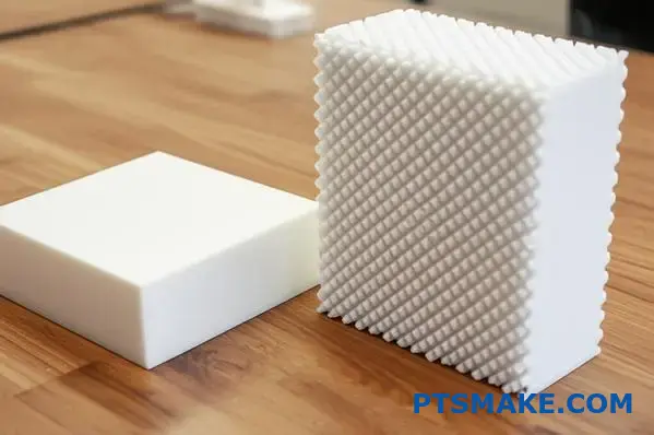 Comparison of standard and modified ultra-high molecular weight polyethylene material blocks showing surface texture differences