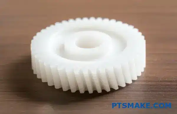 Precision machined UHMWPE plastic gear showing ultra-high molecular weight polyethylene material properties for thermal expansion management