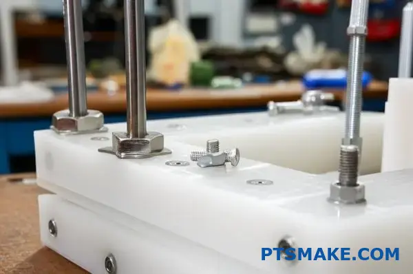 Ultra-high molecular weight polyethylene parts joined with metal bolts and screws on workshop table