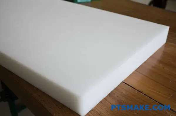 Close-up of machined UHMWPE material showing characteristic smooth waxy surface texture on workshop table