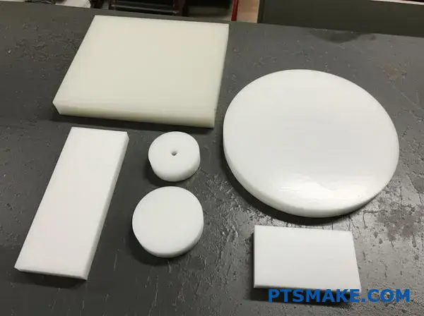 Ultra high molecular weight polyethylene wear pads displaying smooth surface finish and precision manufacturing on industrial workbench