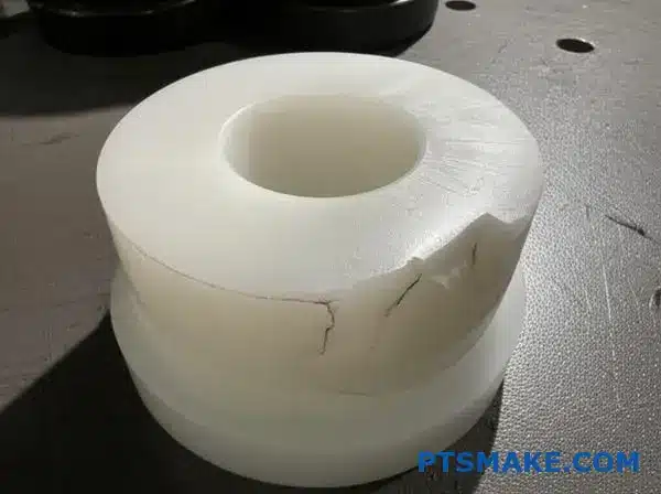 Failed ultra-high molecular weight polyethylene bushing showing severe deformation and wear damage from conveyor system
