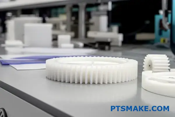 Ultra-high molecular weight polyethylene gear components and battery separator materials displayed on laboratory surface