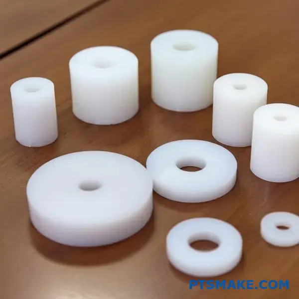 Various ultra-high molecular weight polyethylene parts displayed on wooden surface showing material durability and versatility