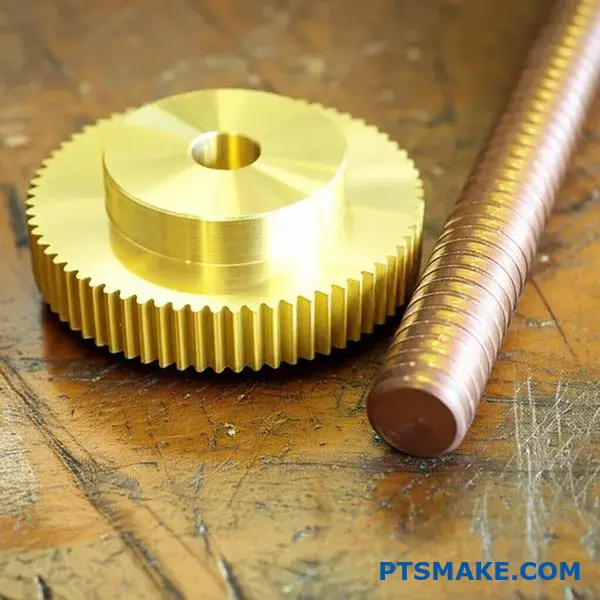 Comparison of cast brass gear and wrought brass rod showing different alloy properties and surface finishes