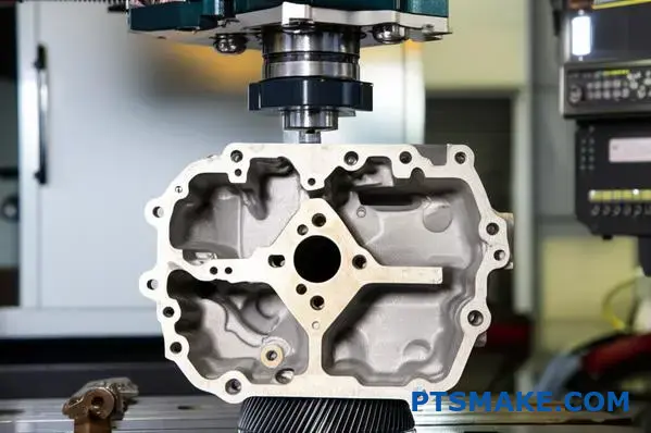 Complex gear housing with internal cavities being cast using precision metal casting methods on industrial workbench