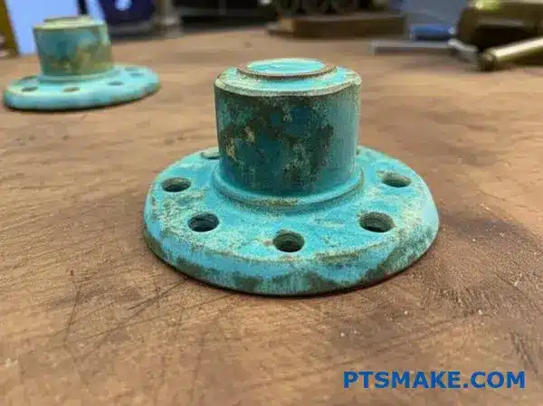 Antique brass hardware component displaying beautiful patina oxidation effects on workshop surface