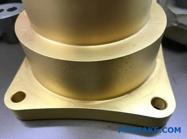 Detailed view of brass cast part showing fine porosity defects and surface imperfections on workbench