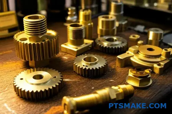 Various brass cast components and fittings displayed on workshop surface showing metal casting quality and finish