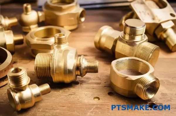 Corrosion-resistant brass valve parts for marine applications showing naval brass and aluminum bronze alloy finishes