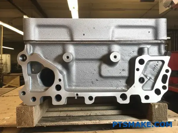 Detailed view of ductile iron engine block showing nodular graphite structure and machined surfaces on workshop table