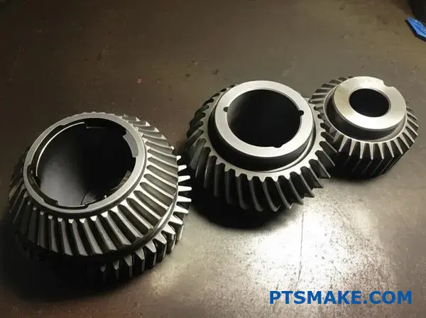 Three automotive gears showcasing different ductile iron matrix structures with varying surface finishes and mechanical properties