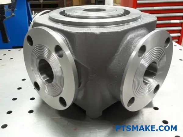 Industrial valve body made from ferritic ductile iron showing robust construction and machined surfaces