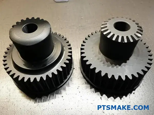 Two ductile iron gear components displaying different grades and surface treatments for material comparison