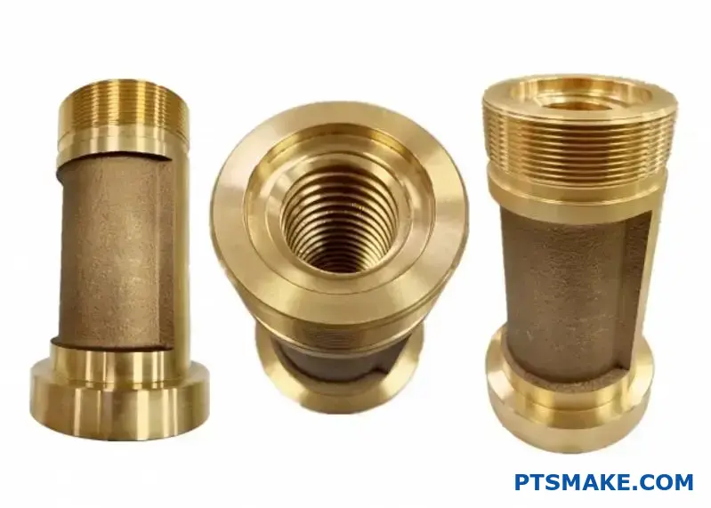 Three Brass CNC Machined Components with Threads