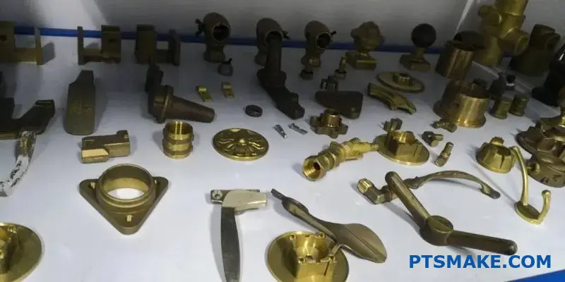 قوالب الصب النحاسية المستهلكة والدائمة المعروضة على طاولة الورشة التي توضح مواد القوالب المختلفة وإمكانية إعادة استخدامها