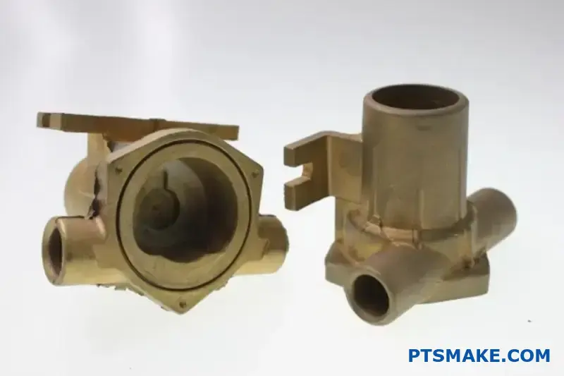 أجزاء مصبوبة من النحاس الأحمر تظهر طرق الصب بالقالب الدائم والقالب المصبوب على طاولة صناعية