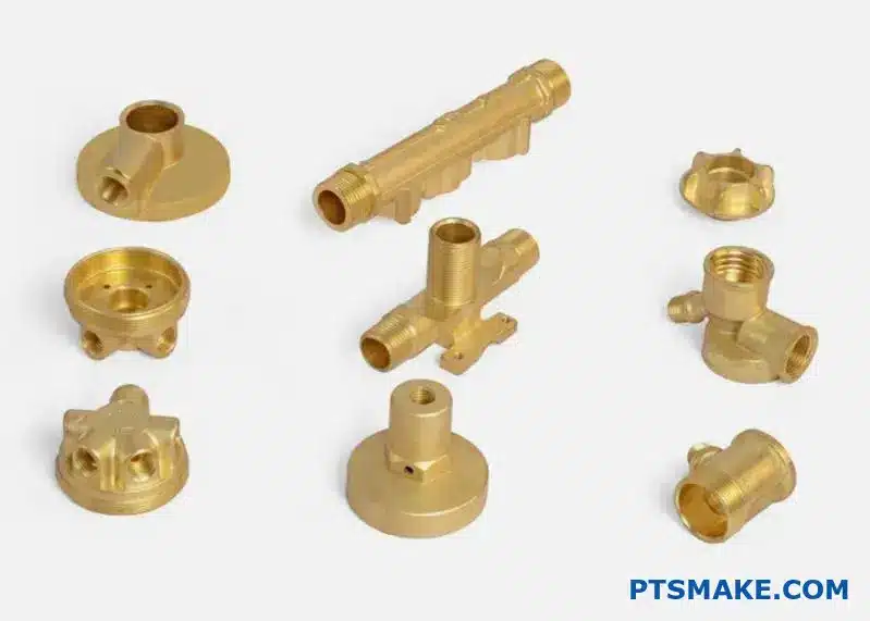Three brass cast parts showing different casting method results and surface finishes on workshop table