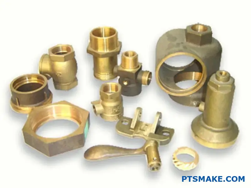 Different brass casting alloy components showing yellow brass, red brass, and high-tensile brass materials with distinct colors and finishes