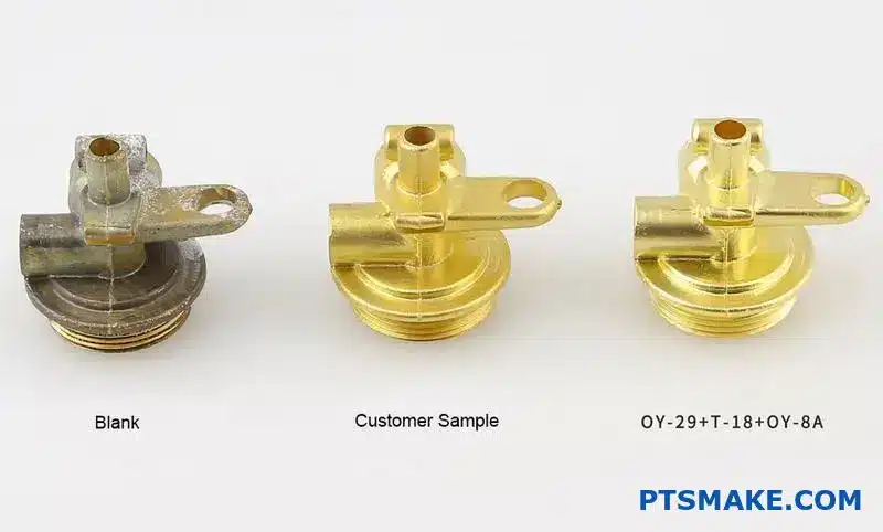 Various brass casting components displaying different surface finishes and machining stages on workshop table