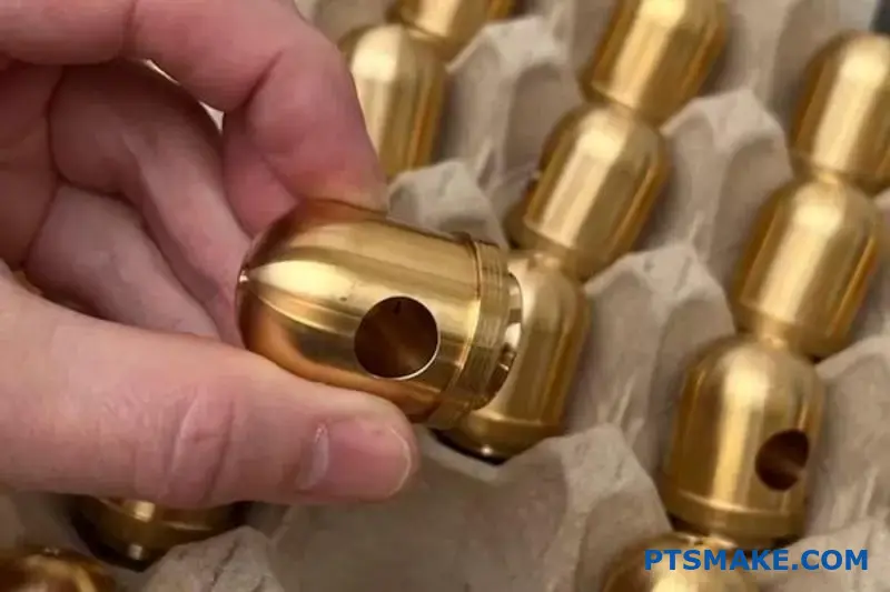 Collection of brass cast gears and components demonstrating small batch metal casting production workflow