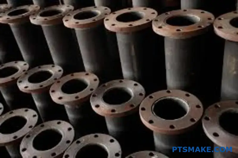 Rows of Industrial Metal Pipes with Flanges