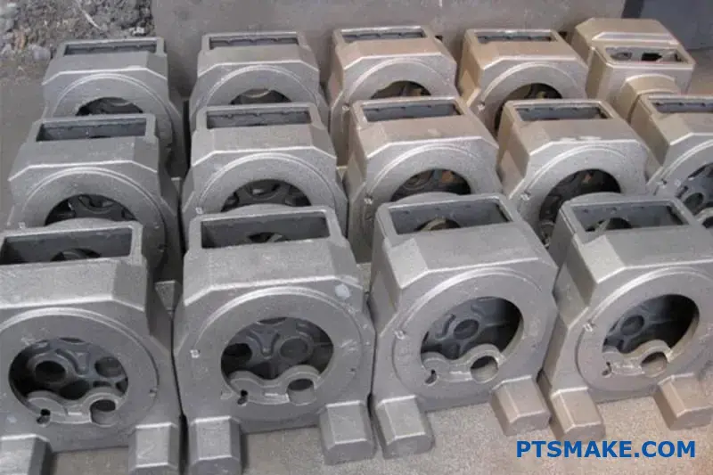 High-quality ductile iron casting parts displayed on workshop table showing defect-free surfaces and precision manufacturing results