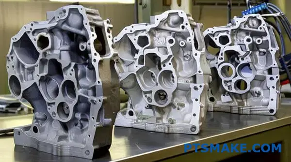 Three automotive engine blocks showing different metal foundry techniques and surface finishes on industrial table
